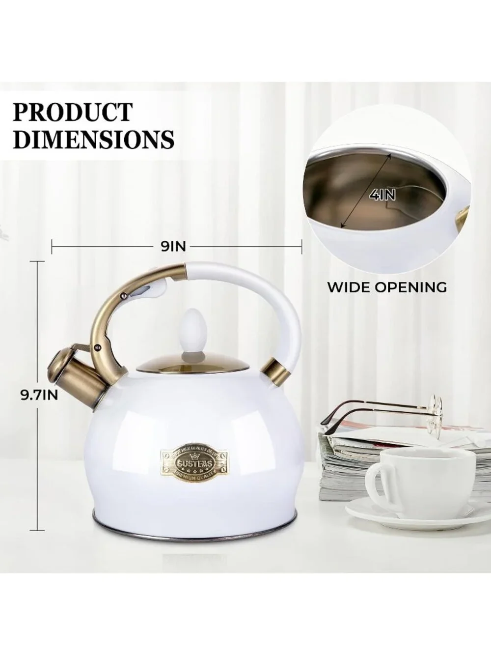 SUSTEAS Kitchen Whistling Tea Kettle 2.64Quart Stainless Steel Stove Top White